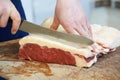 Close Up Of Butcher Preparing Sirloin Steak