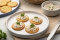 Close up Butter cracker with tuna spread on cutting board Royalty Free Stock Photo