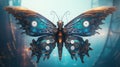 A close up of a butterfly on a blue background. Generative AI image. Royalty Free Stock Photo