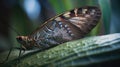 a close up of a butterfly on a green leaf with a blurry background