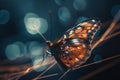 a close up of a butterfly on a plant with blurry lights in the background Royalty Free Stock Photo