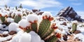 Close-up of cacti unexpectedly covered in snow in the desert , concept of Ephemeral beauty