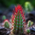 a close up of a cactus plant with red spikes