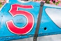 Close up of a 1925 Cadillac Model 314 race car with the number 5 painted on it Royalty Free Stock Photo