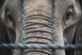 Close up of caged elephant behind bars