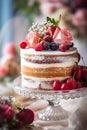 A close up of a cake with berries on it. Generative AI image. Royalty Free Stock Photo