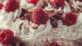 A close up of a cake with raspberries and chocolate chips, AI