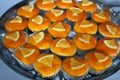 Close-up, cakes, orange jam, beautiful colors, delicious, fragrant and delicious in many trays