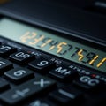 Close-up of a calculator\'s keypad and display, showing the number \