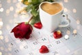 Close up of calendar, hearts, coffee and red rose Royalty Free Stock Photo