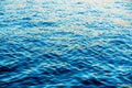 Close-up of calm blue water surface with soft sunlight reflections creating golden ripples and abstract wave patterns Royalty Free Stock Photo