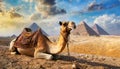 Close-up of a Camel Resting in Front of the Three Egyptian Pyramids - Generative Ai Royalty Free Stock Photo