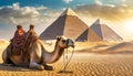 Close-up of a Camel Resting in Front of the Three Egyptian Pyramids - Generative Ai Royalty Free Stock Photo