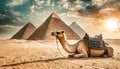 Close-up of a Camel Resting in Front of the Three Egyptian Pyramids - Generative Ai Royalty Free Stock Photo