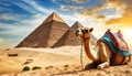 Close-up of a Camel Resting in Front of the Three Egyptian Pyramids - Generative Ai Royalty Free Stock Photo