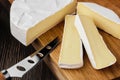 Close up of camembert or brie cheese on wooden cutting board Royalty Free Stock Photo