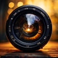 Close-up of a camera lens reflecting light Royalty Free Stock Photo