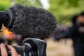 Close up of camera with windscreen microphone Royalty Free Stock Photo