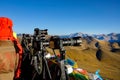 CLOSE UP Cameras are left at a viewpoint as tourists wait for sunset in Himalaya Royalty Free Stock Photo