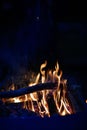 Close-up of a campfire. Fire burning brightly with a big yellow and orange flame in the dark. Firewood and logs burning to ember Royalty Free Stock Photo