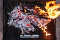 Close up of campfire, fire pit filled with burnt wood, flames. Fire burning, embers glowing Royalty Free Stock Photo
