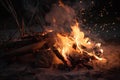close-up of campfire with flames and sparks crackling in the night