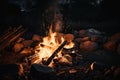 close-up of campfire with flames and sparks crackling in the night