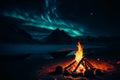 A close-up of a campfire flickering in the darkness, surrounded by the rugged beauty of the Arctic