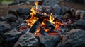 A close-up of a campfire ring with blackened stones and lingering embers Royalty Free Stock Photo
