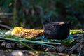 Close up camping breakfast food in the forest