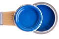 Close-up of can blue paint and brush on white background Royalty Free Stock Photo