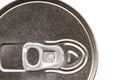 Close up of can pull tab, top view of aluminum tin can.