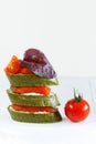 Close-up of canapes with salmon, basil and tomato