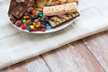 Close up of candies, chocolate, muesli and cookies Royalty Free Stock Photo