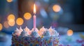 A close-up of a candle-lit cake, ready for the birthday boy or girl to make a wish. Royalty Free Stock Photo