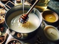 Close-up of a candle making process with melted wax being stirred in a pot, showcasing the texture and fluidity of wax