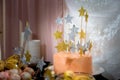 Close up of a candy bar peach color cake. The concept of the holiday, wedding, baby shower, birthday