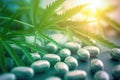 close-up of cannabis pills with a blurred marijuana plant in the background