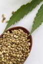 Close up cannabis seeds on white background. hemp seeds have omega 3 6 9 help heart, sleep, body pain. Top view