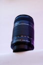 Close up of a Canon 55 - 250mm lens with blue and ping tone on white background