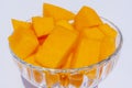 Close up of Cantaloupe fresh melon cubes in glass bowl on beige background. Organic vegetarian healthy food. Diet Royalty Free Stock Photo