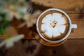 Close up of Cappuccino coffee cup with blur of leaves foreground