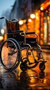 Close-up captures empty wheelchair, pavements handicap symbol representing accessibility commitment