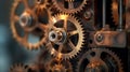 Close up of gears and cogs in a clockwork mechanism.