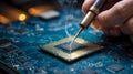 Soldering CPU on Blue Motherboard CloseUp of Precision Electronics Repair with Smoke Royalty Free Stock Photo
