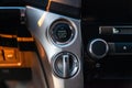 Close-up car engine ignition start and stop button on the dashboard, electric key, modern gray design with chrome elements on the Royalty Free Stock Photo