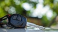Close up car keys placed on the table, outdoors Royalty Free Stock Photo