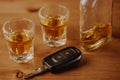 Close up of a car keys and very strong alcohol on the table, do not drink and drive concept Royalty Free Stock Photo