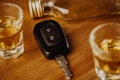 Close up of a car keys and very strong alcohol on the table, do not drink and drive concept Royalty Free Stock Photo