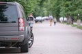 Close up of a car parked on city street side. Urban traffic concept Royalty Free Stock Photo